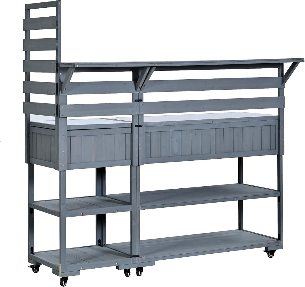 Roomfitters Garden Potting Bench with Wheels, Extra Wide Outdoor Potting Table and BBQ Prep Station, Storage Shelves, Gray
