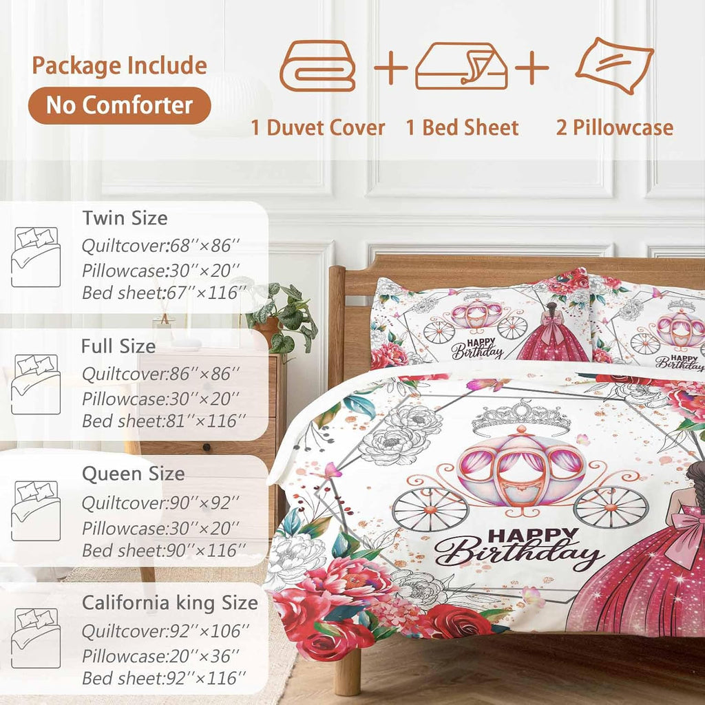 Happy Birthday Duvet Cover Set, Red Dress Crown Carriage Flowers Butterfly Soft Duvet Cover Twin Size Bedding Set 4 Pieces, 1 Quiltcover and 2 Pillowcases with Zipper, 1 Bed Sheet for All Seasons