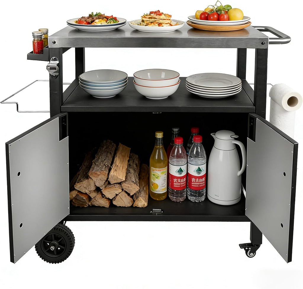 Outdoor Grill Cart with Storage, Movable Stainless Steel Kitchen Island with Wheels & Brakes, Multifunctional Food Prep Table for BBQ, Pizza Oven
