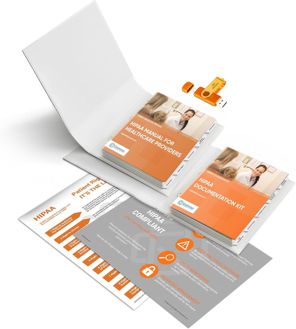 OSHA & HIPAA Package for Dental Offices: Hardcopy Manual (Regulations/Standards), Policies/Forms (USB), Training Outline/Test, Resource USB, Posters, Labels (All Other States)