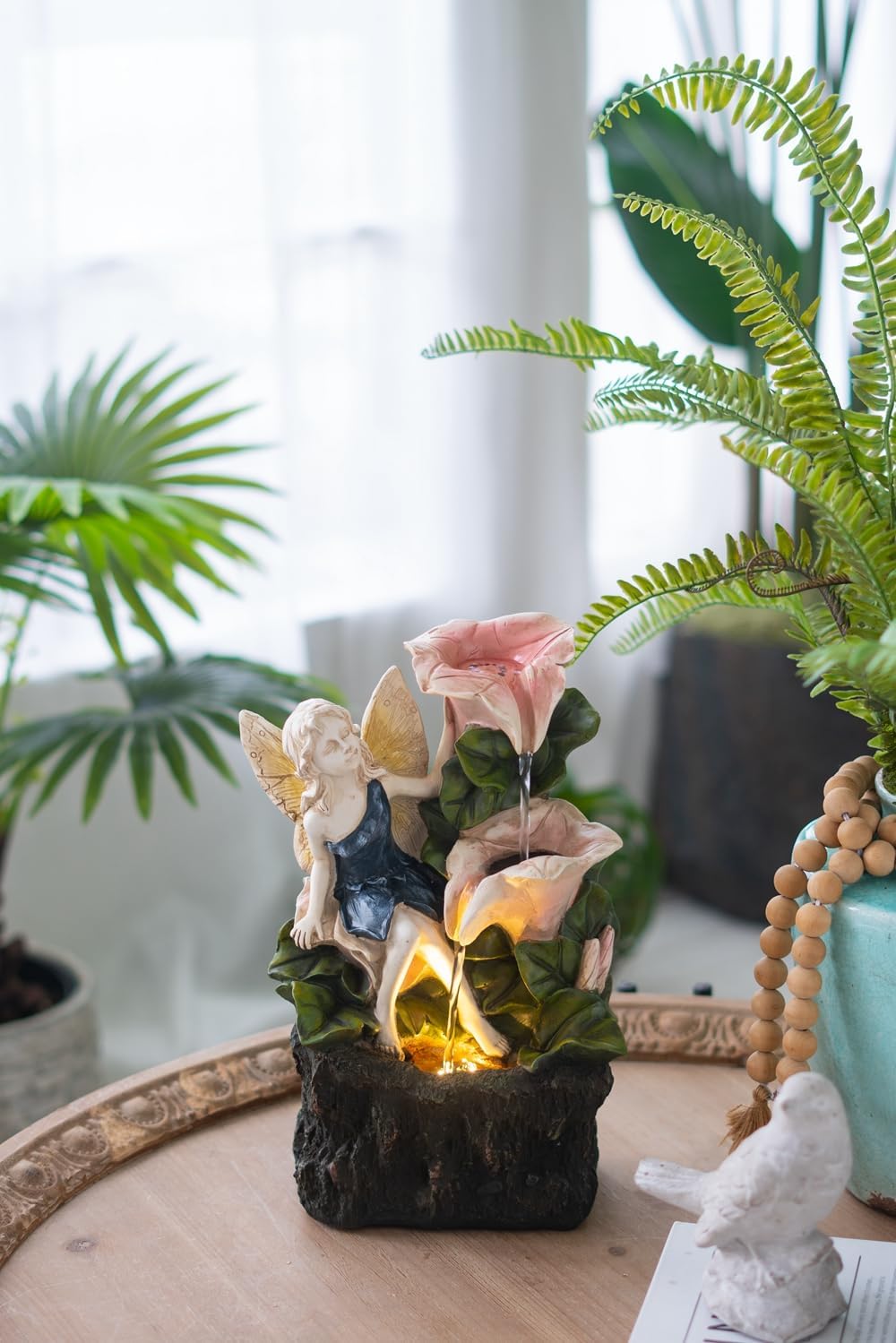 8.9x4.7x13.4 Decorative 3 Tier Tabletop Water Fountain with Fairy and LED Light, Angel Girl with Pink Flower Design, for Indoor Tabletop and Outdoor