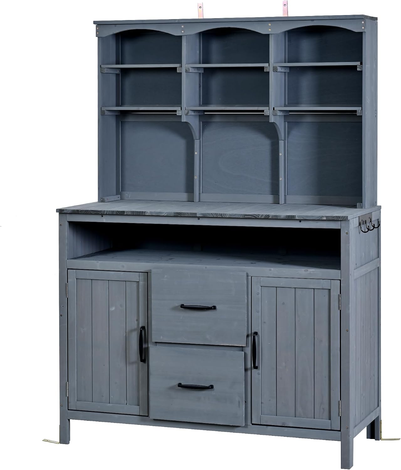 Outdoor Potting Bench Table with Large Countertop and Hutch, Freestanding Garden Workstation with Cabinets, Drawers and Hooks for Backyard (Gray)