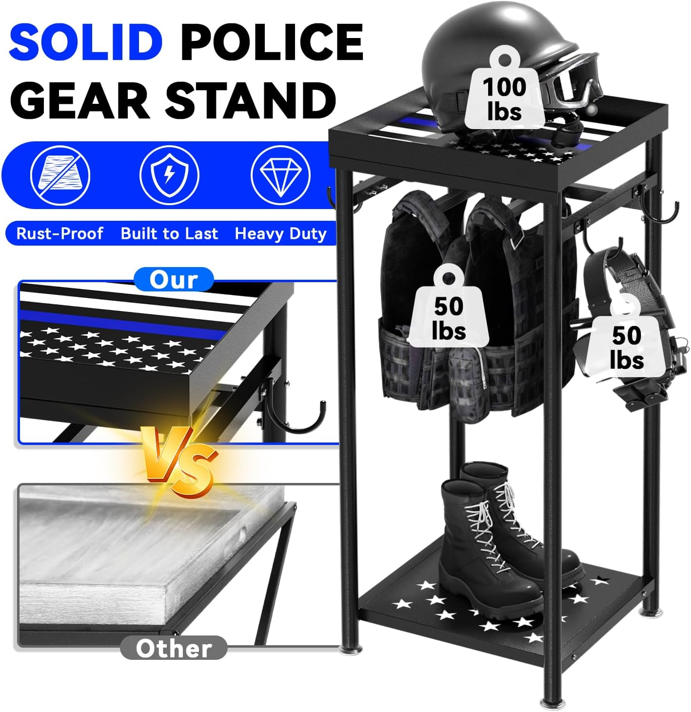 Freestanding Police Gear Stand with Hooks, Heavy Duty Metal Hanger for Body Armor, Duty Belt, Vest & Uniform Storage, Black Tactical Gear Rack Fits Law Enforcement, Security, Academy Graduation Gift