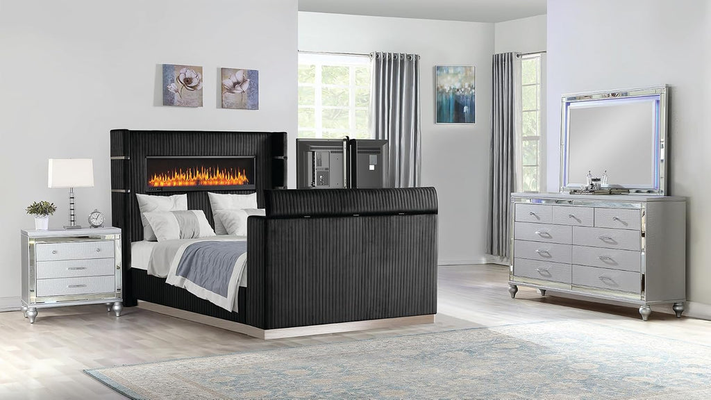 4 Pc King Bedroom Set Made with Fireplace in Headboard TV Stand in Footboard with Wood in Black