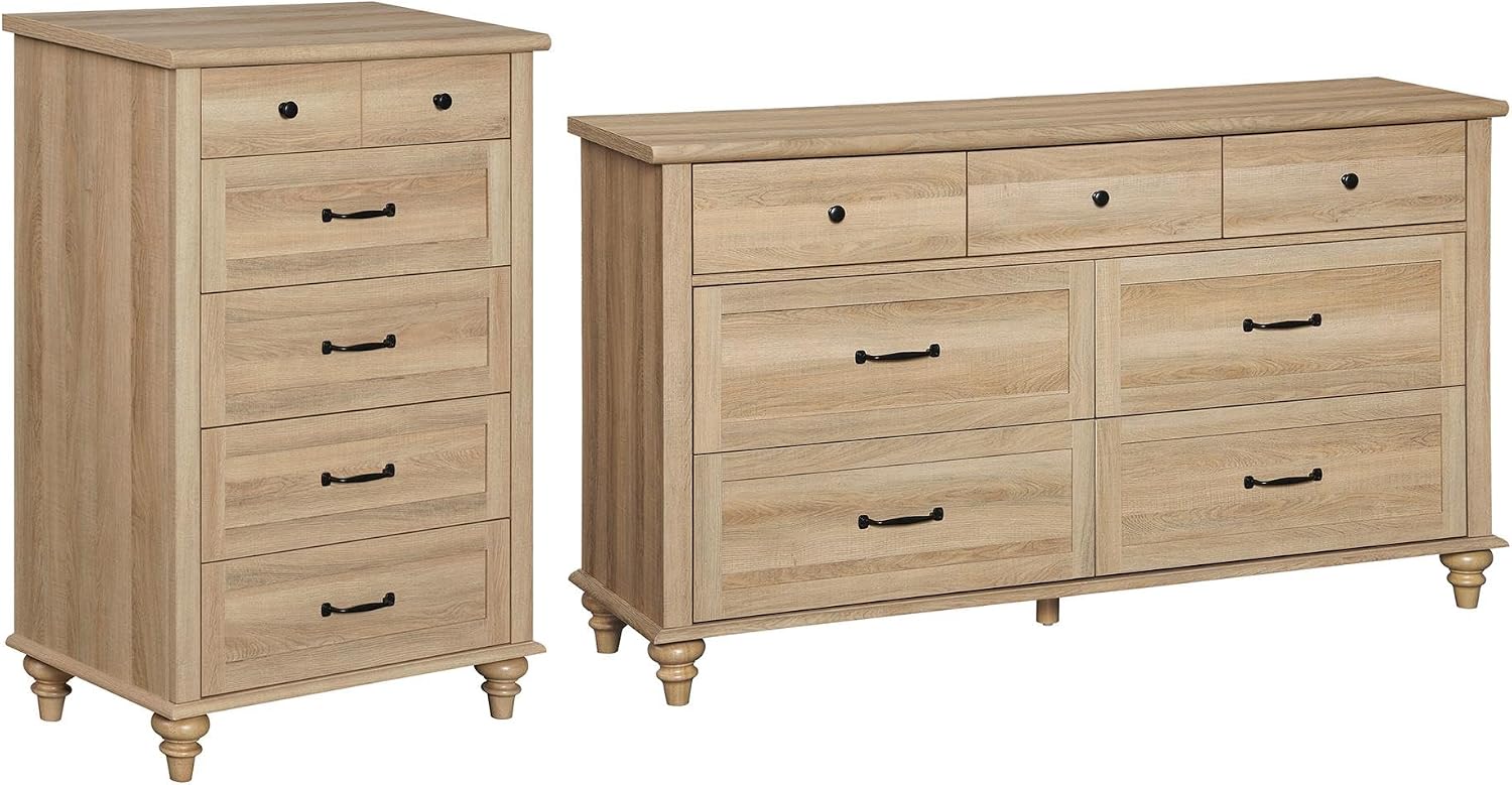WAMPAT 2 Piece Dresser Set for Bedroom, One Farmhouse Dresser with 7 Drawers, One Baby Chest of Drawers with 5 Drawers, Wooden Closet Storage Organizer Set for Living Room, Kids Room, Oak