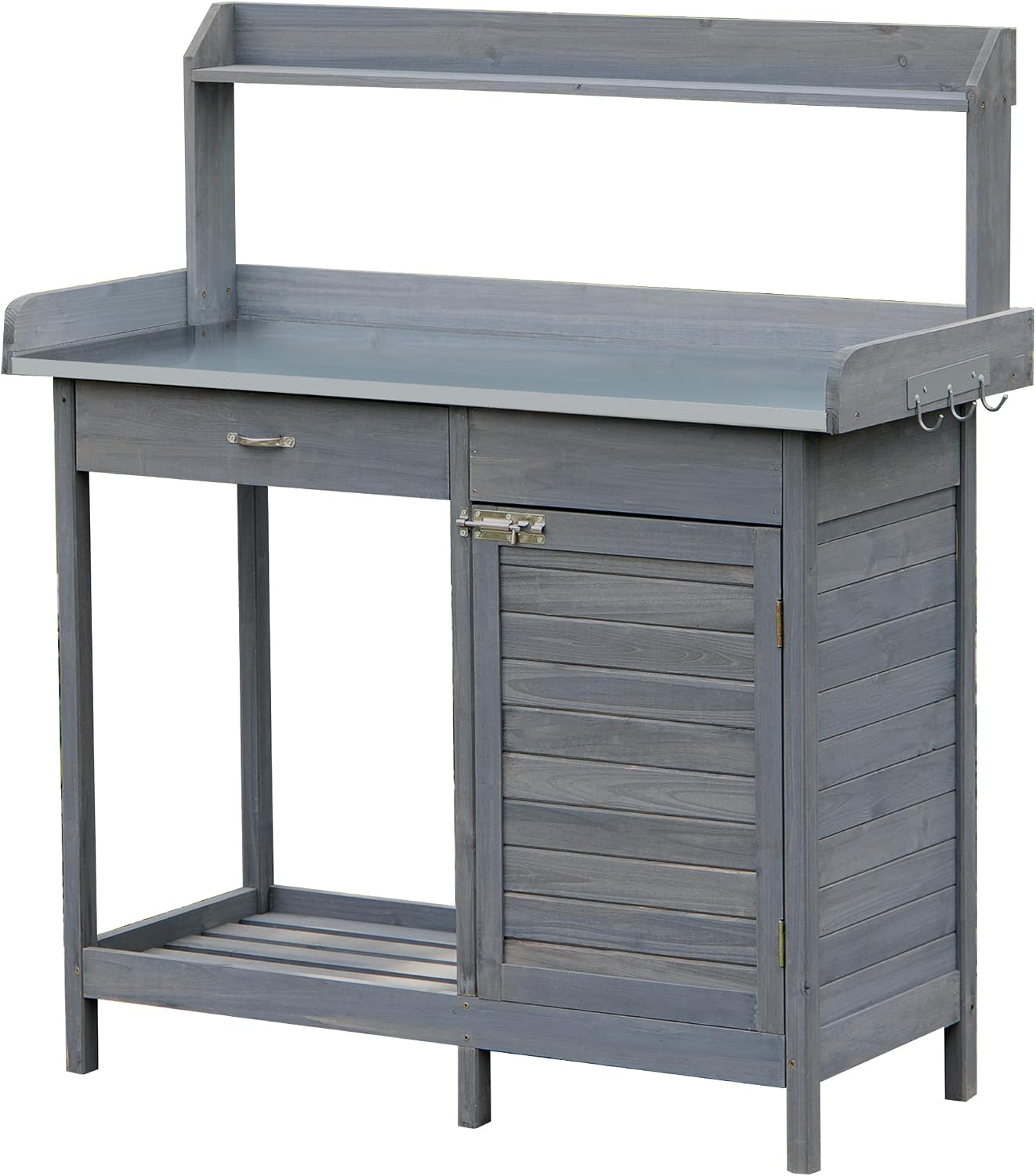 Outdoor Potting Bench Table, Work Station with Storage Cabinet, Open Shelf and Steel Tabletop, Gray