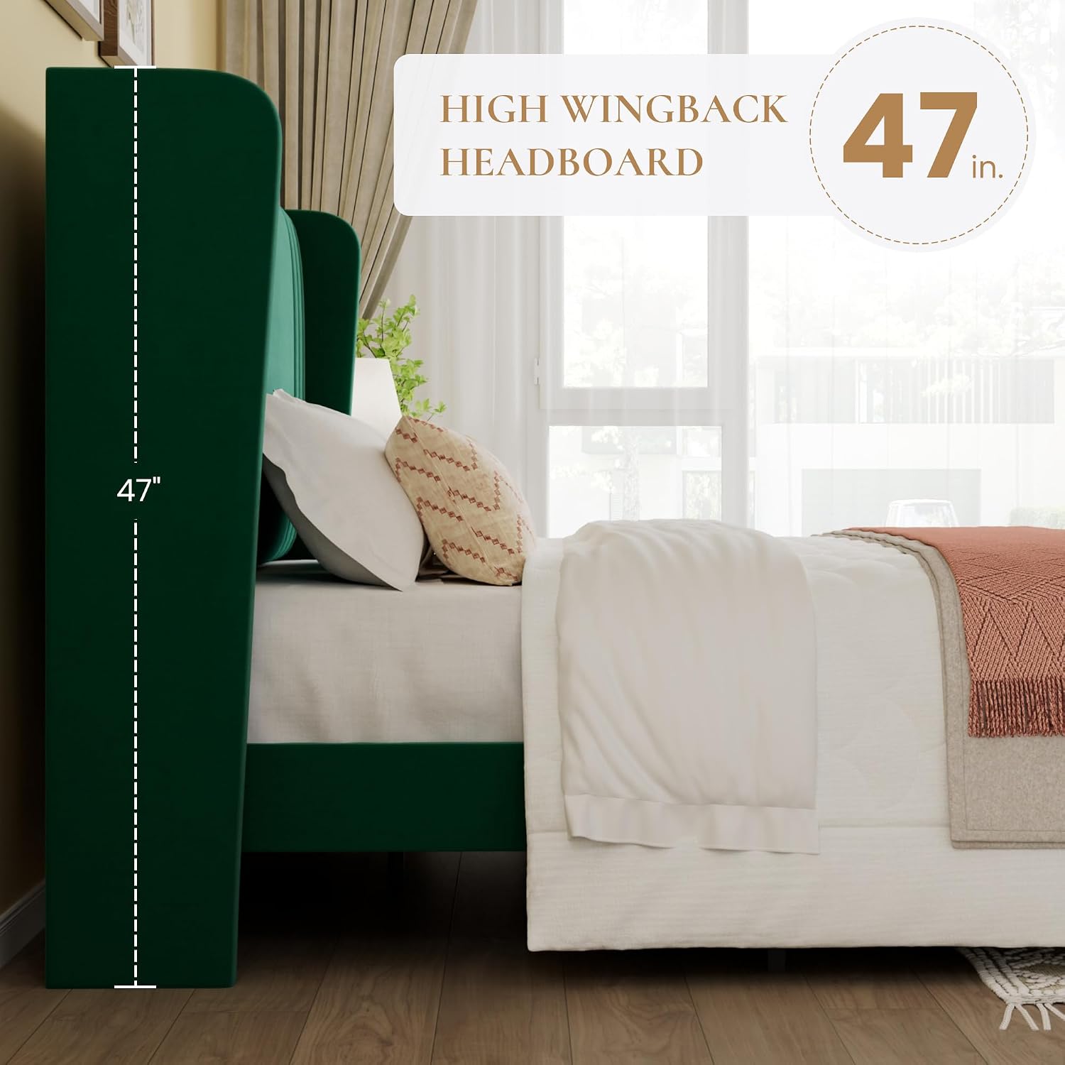 SHA CERLIN Full Size Velvet Upholstered Platform Bed Frame with Vertical Channel Tufted Wingback Headboard, Wooden Slats Support, Easy Assembly, Under Bed Storage, No Box Spring Required, Green