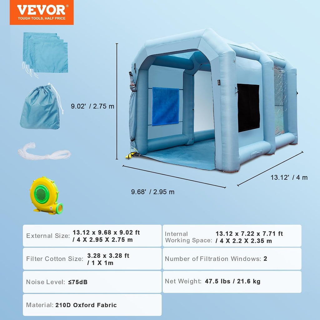 VEVOR Inflatable Paint Booth, 13x10x9ft Inflatable Spray Booth, 950W High Powerful Blower Spray Booth Tent, Car Paint Tent Air Filter System for Car Parking Workstation Motorcycle Garage