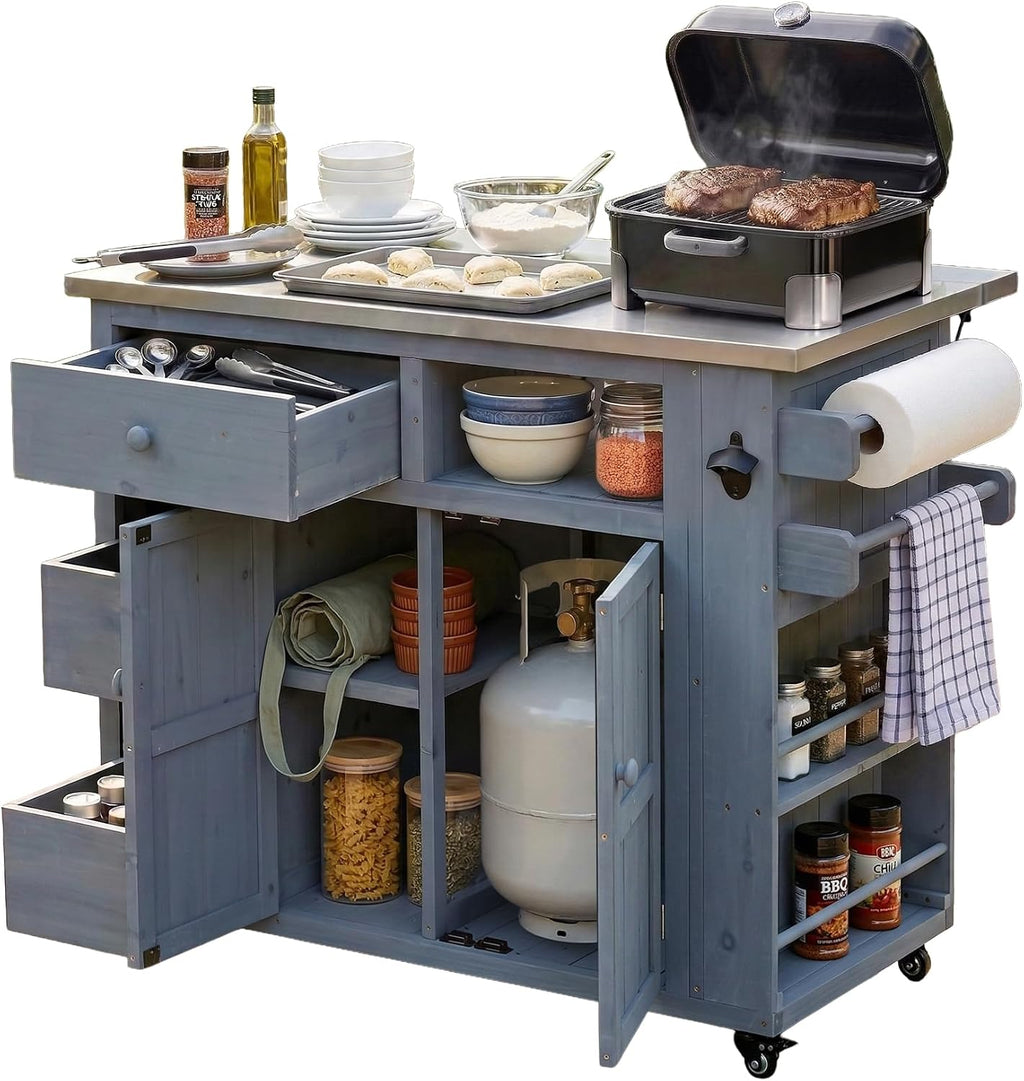 Roomfitters Outdoor Grill Cart and BBQ Prep Station, Stainless Steel Top, Rolling Kitchen Island Potting Bench, Gray