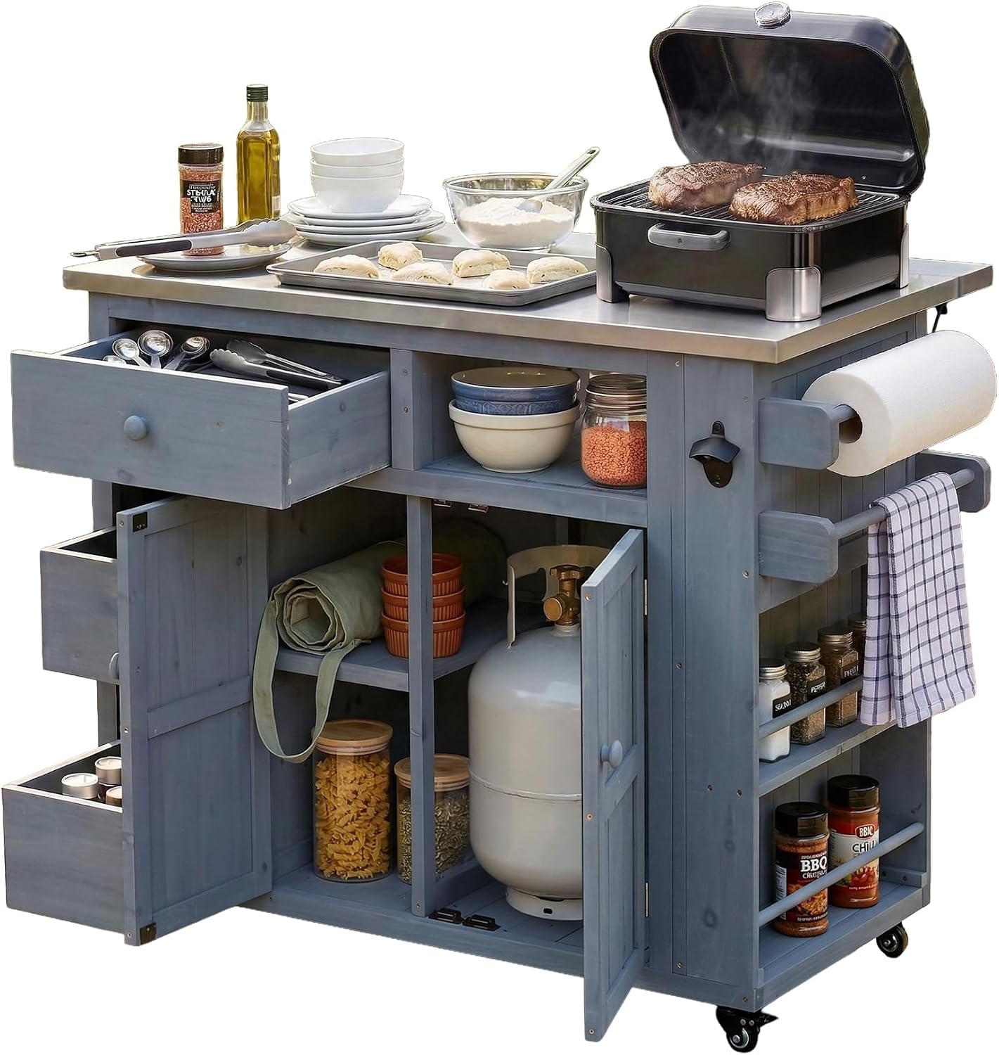 Roomfitters Outdoor Grill Cart and BBQ Prep Station, Stainless Steel Top, Rolling Kitchen Island Potting Bench, Gray