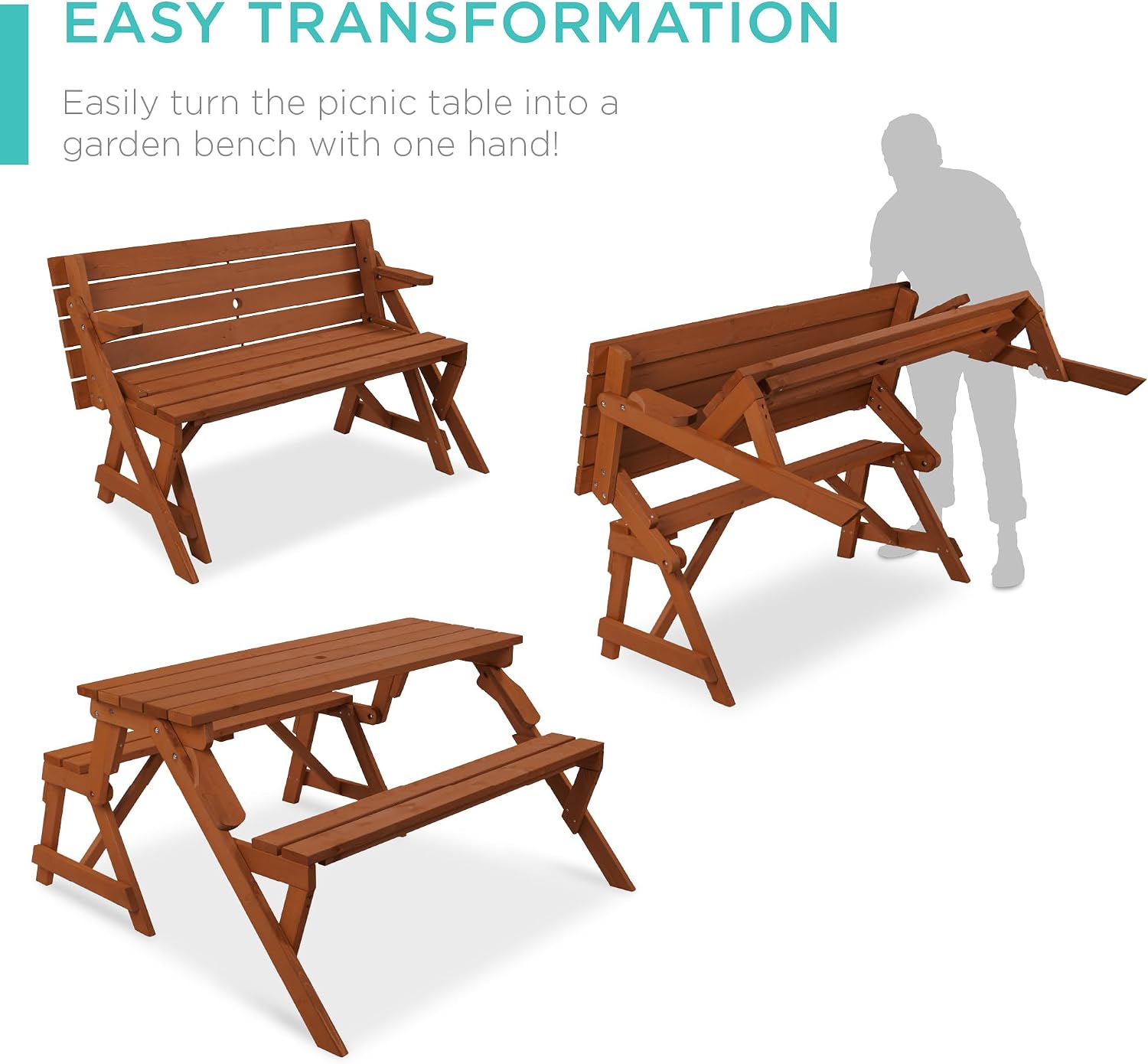 Best Choice Products 2-in-1 Transforming Interchangeable Outdoor Wooden Picnic Table Garden Bench for Backyard, Porch, Patio, Deck w/Umbrella Hole - Acorn