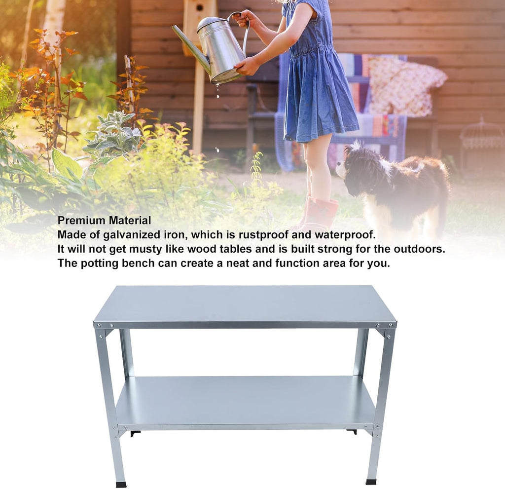 Potting Bench Table, 120KG Load Bearing Metal Garden Workstation Work Bench for Greenhouse Patio Porch, Double Layers Greenhouse Potting Table with Rubber Feet for Indoor Outdoor