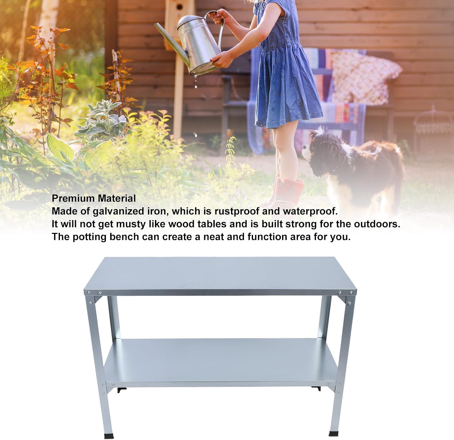 FLEXMAN Metal Potting Bench, Two Layers Removable Outdoor Garden Potting Bench Table Galvanized Iron Outdoor Gardening Work Benches for Potted Plants, Gloves