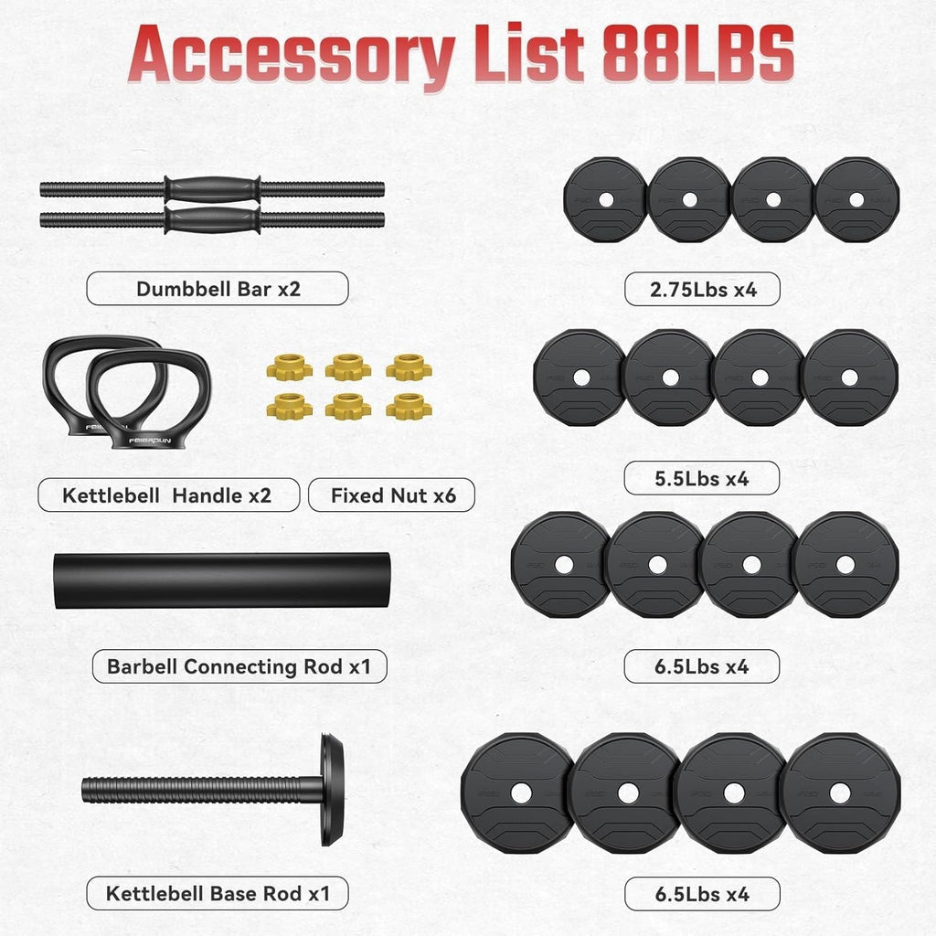 FEIERDUN Adjustable Dumbbells Set, 48/68/88lbs Free Weight Set with 4 Modes, Used as Barbell, Kettlebells, Push up Stand, Fitness Exercises for Home Gym Suitable Men/Women