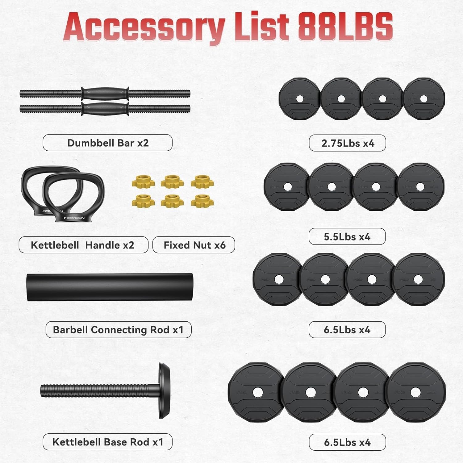 FEIERDUN Adjustable Dumbbells Set, 48/68/88lbs Free Weight Set with 4 Modes, Used as Barbell, Kettlebells, Push up Stand, Fitness Exercises for Home Gym Suitable Men/Women