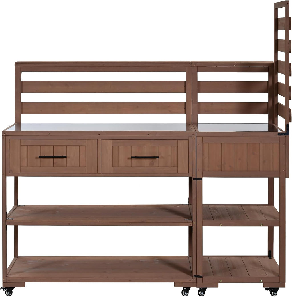 Patio Potting Bench Table with Stainless Table Top, Outdoor Large Garden Workstation on Wheels with Raised Shelf and Drawers for Backyard (Brown)