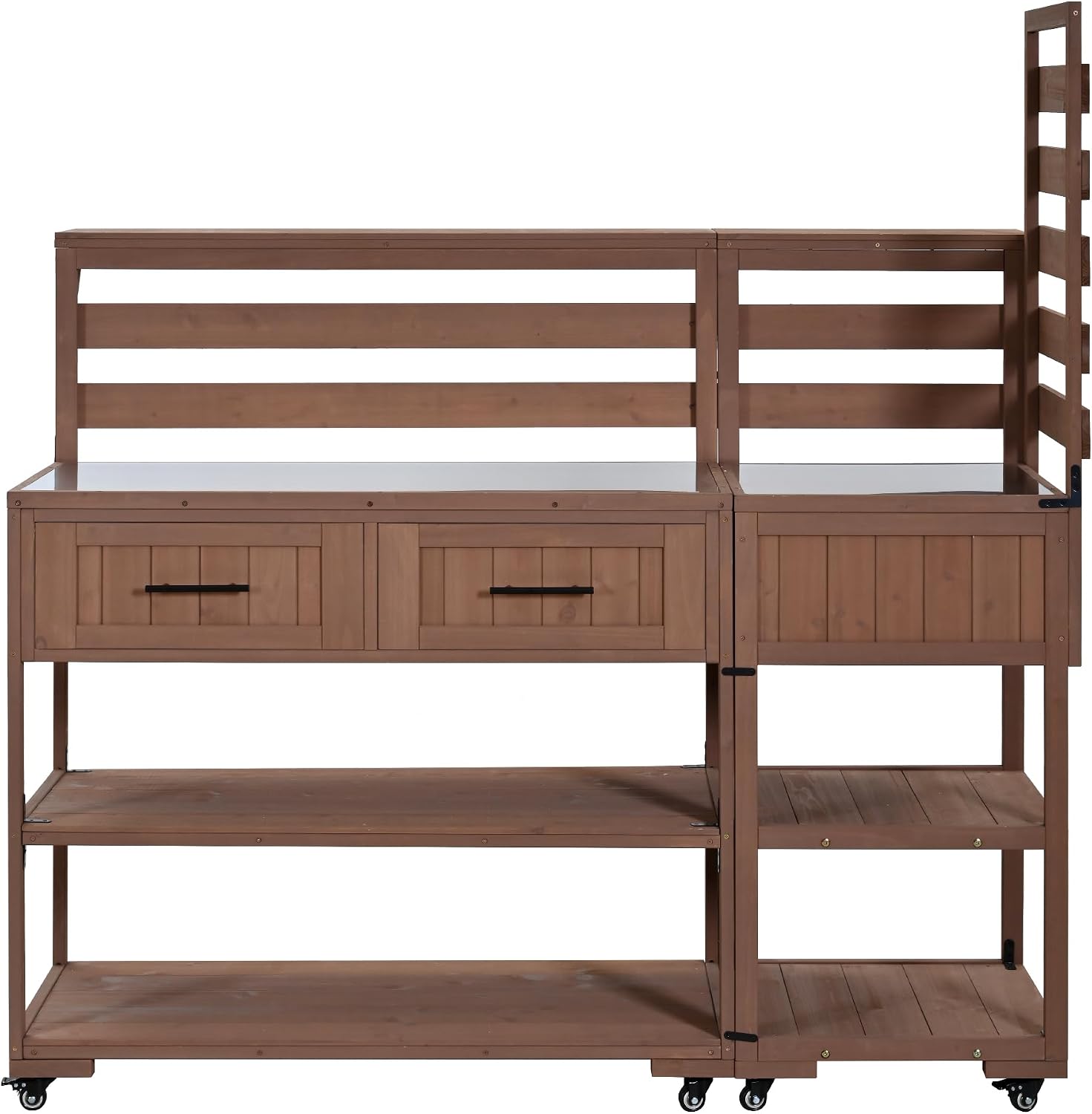 62.3'' Patio Kitchen Island Cart with Stainless Table Top,Solid Wood Garden Potting Bench with Raised Shelf and Drawers, Grill Prep Table for BBQ, Party (Brown-E)