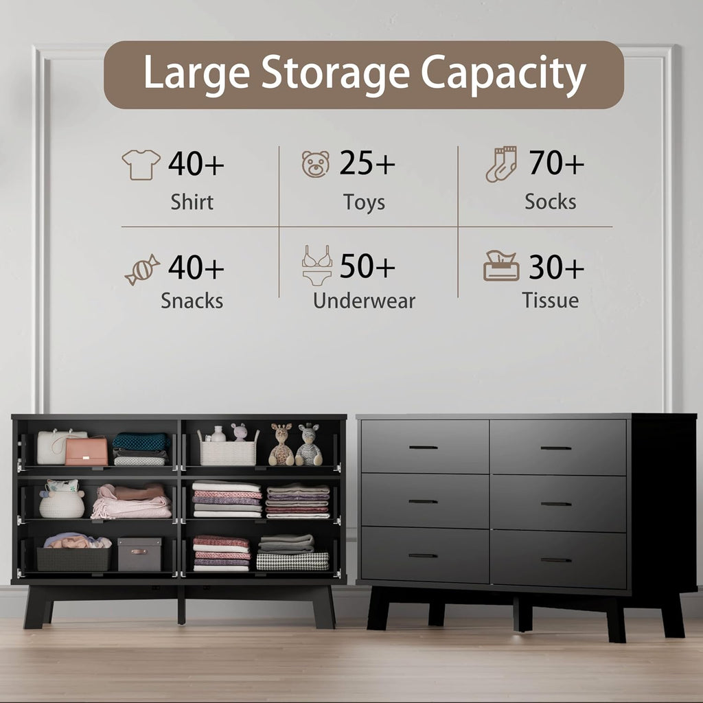 Xixini Dresser for Bedroom with 6 Drawer, Modern Chest of Drawers with X-Shaped Sturdy Base, Wide Wood Double Dresser Closet Clothes Storage Organizer, Wooden TV Stand for Living Room, Hallway, Black