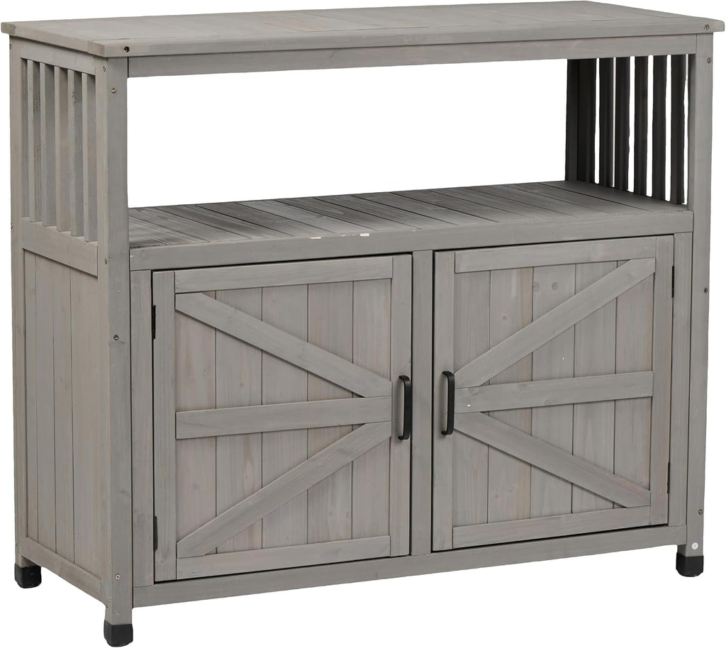 Wooden Potting Bench, Outdoor Patio Buffet Cabinet Sideboard with 2 Doors and 2 Open Shelves,Anti-Slip Foot Pads for Patio, Backyard, Garden