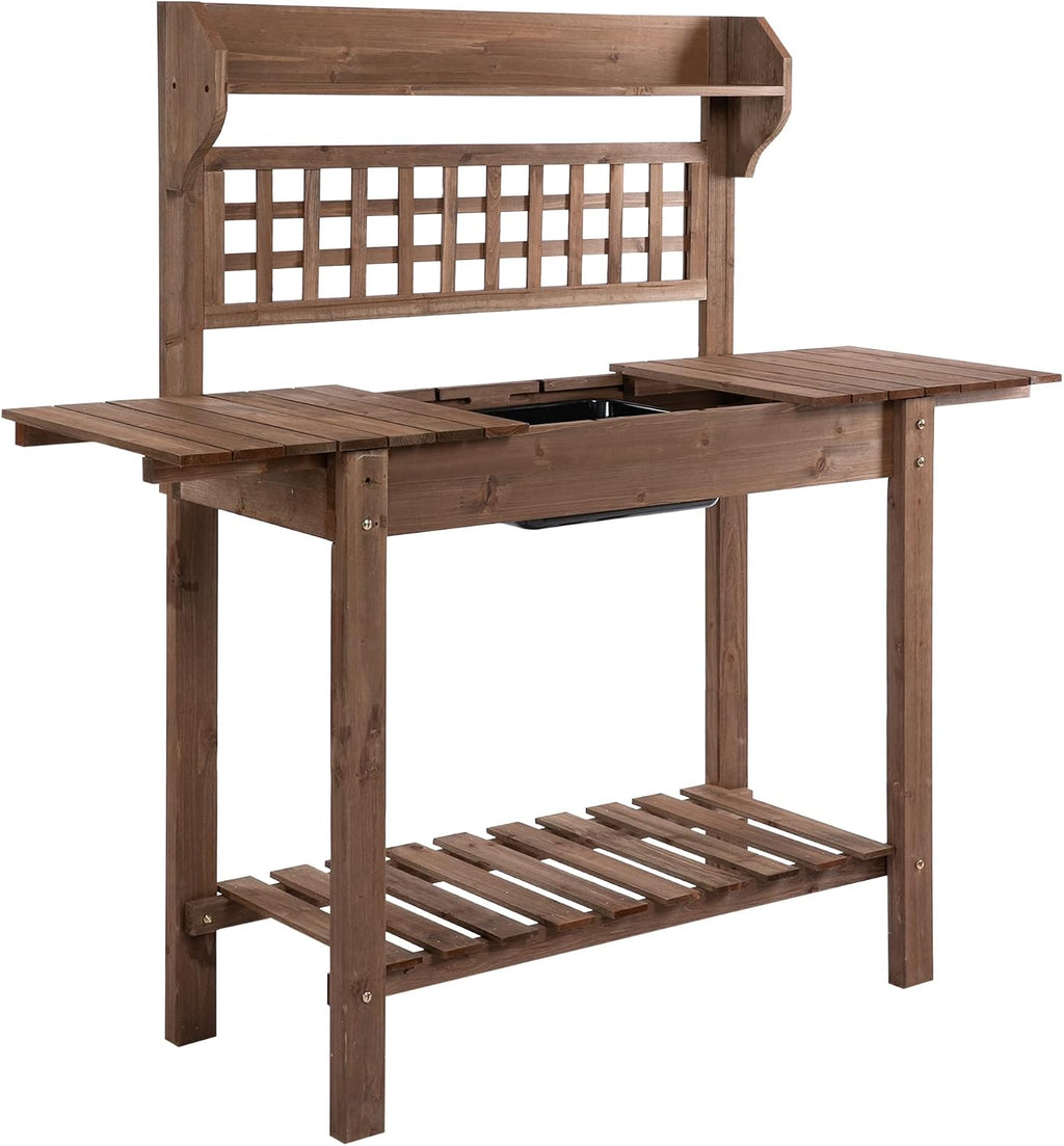Outdoor Potting Bench Table, Wooden Workstation, Storage Shelf and Dry Sink