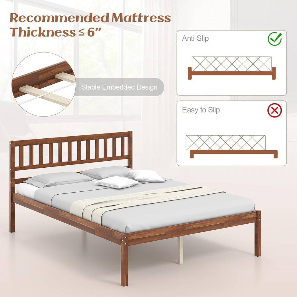 KOMFOTT Full Size Wood Platform Bed Frame with Headboard, 16-Inch Mid-Century Wooden Bed Frame with Slats Support & 12' Under Bed Storage Space, Retro Mattress Foundation, No Box Spring Needed