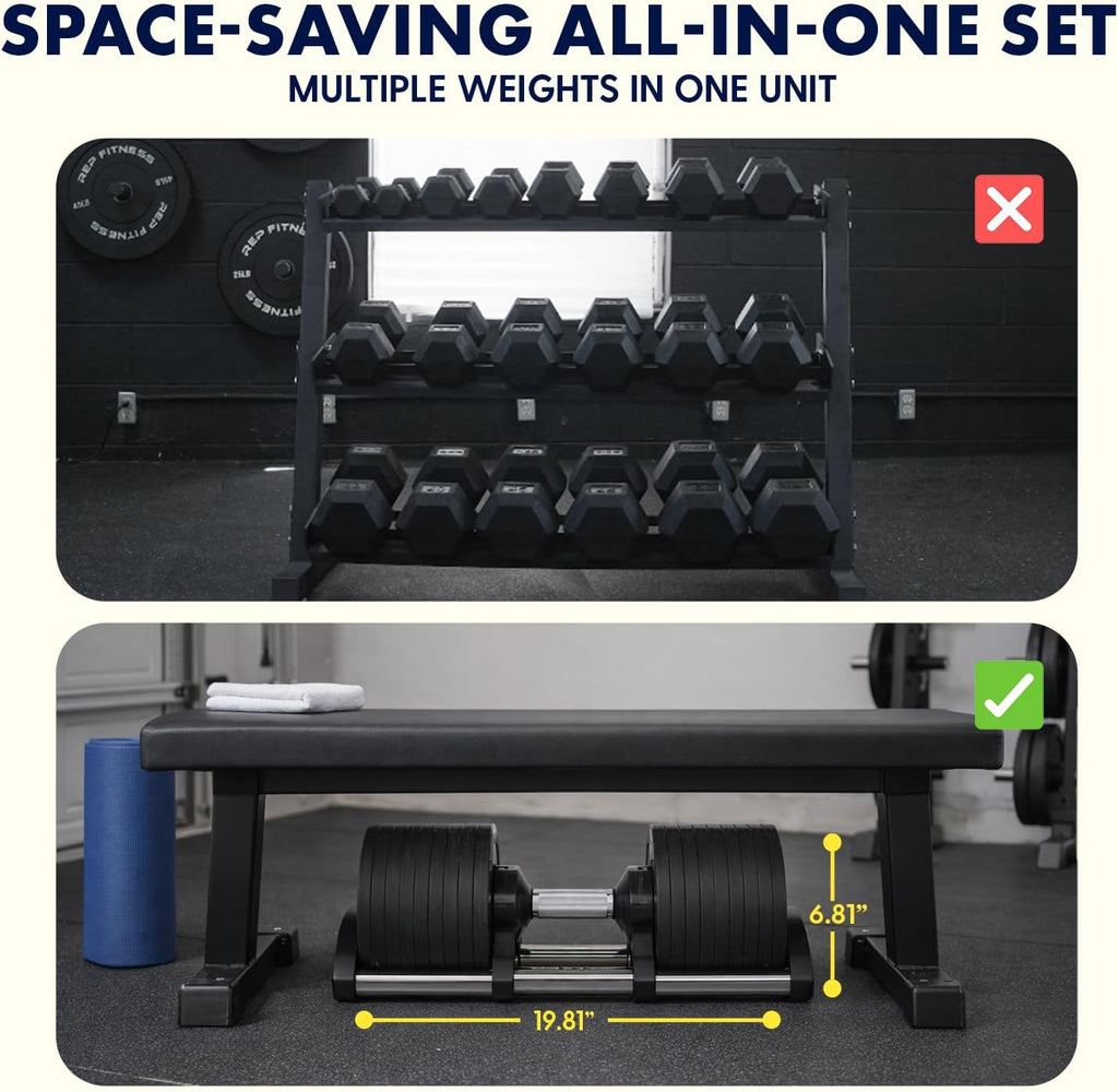 SQUATZ Adjustable Dumbbells with Quick Weight Change, Space-Saving Dumbbell Set with Anti‑Slip Handle, Secure Locking System, Heavy‑Duty Plates & Base for Home Workout and Strength Training