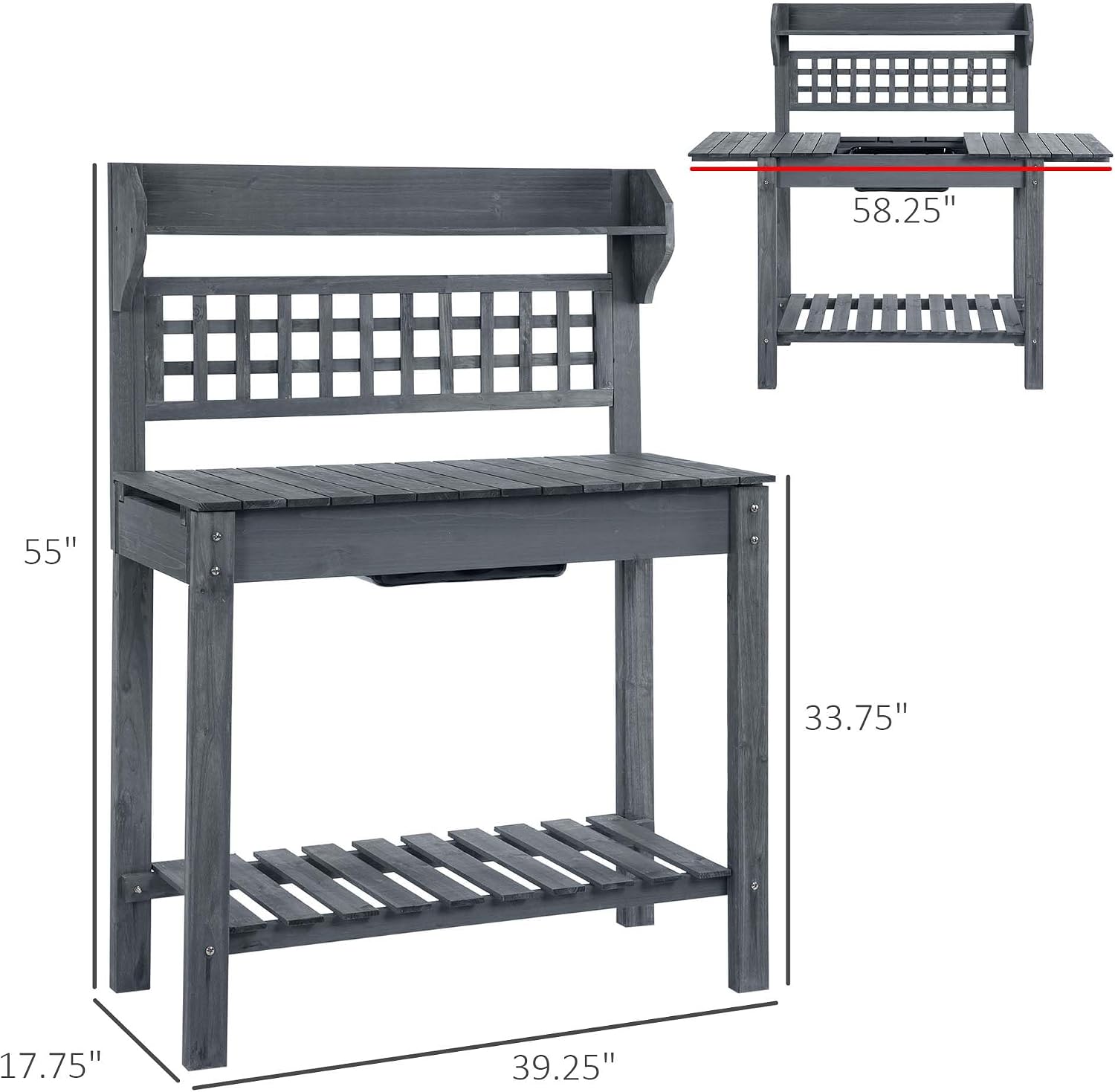 Potting Benches for Outside, Gardening Table & Potting Tables for Outdoors, Planting Table with Sliding Tabletop/Storage Shelf, Outdoor Wood Workstation Table with Dry Sink (Gray)