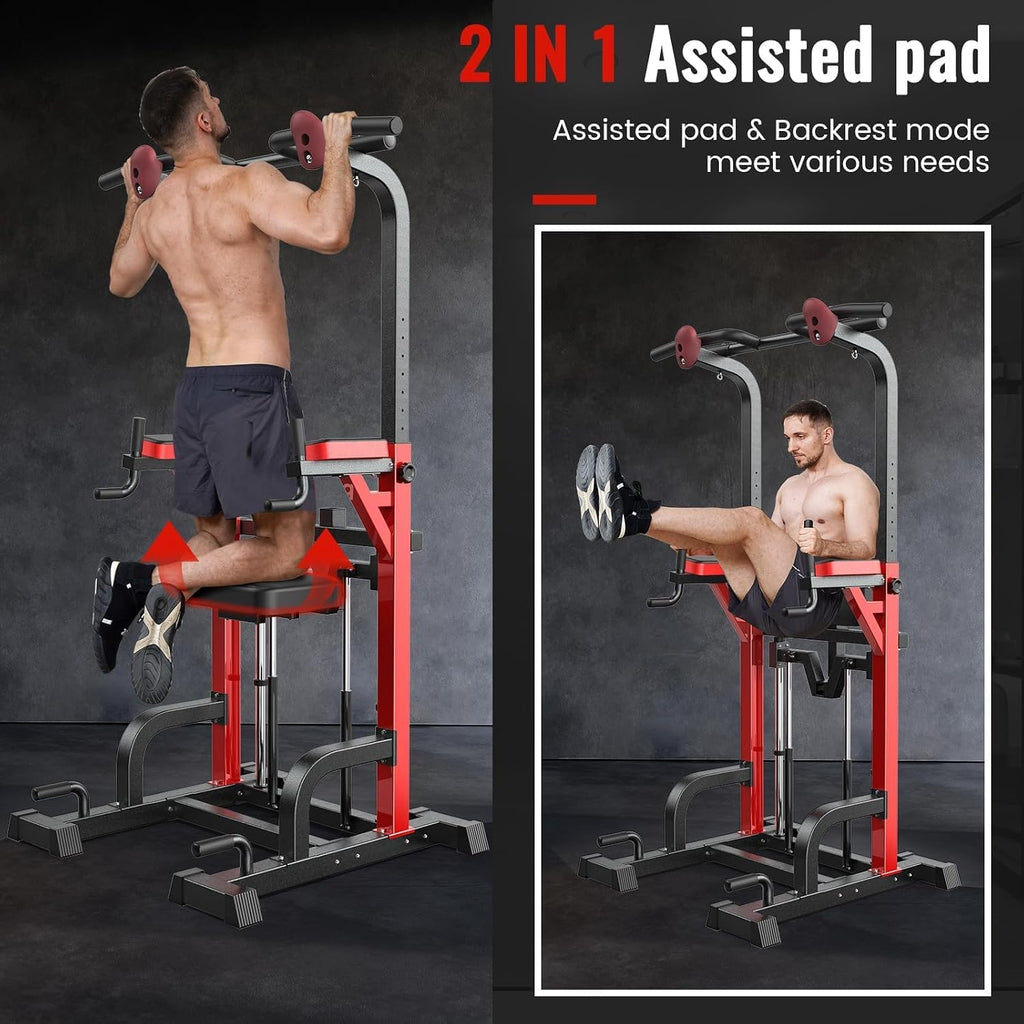 Pooboo Power Tower Dip Station Pull Up Bar for Fitness Home Gym Workout,450 Pounds Multi-Function Adjustable Height Fitness Strength Training Exercise Equipment,with Power Elastic Ropes
