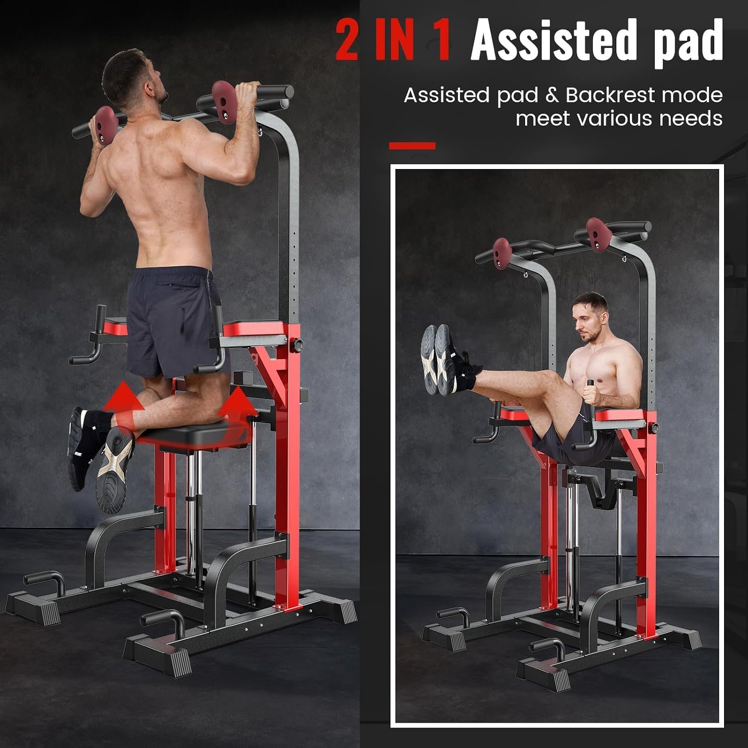 Pooboo Power Tower Dip Station Pull Up Bar for Fitness Home Gym Workout,450 Pounds Multi-Function Adjustable Height Fitness Strength Training Exercise Equipment,with Power Elastic Ropes