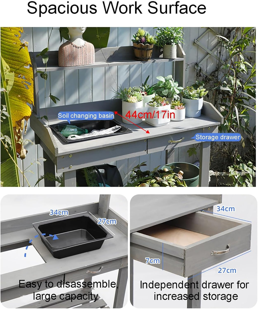 Wooden Potting Bench Work Table, Wooden Gardening Plant Workstation Natural Solid Wood Garden Potting Station with 2 Wheels and Drawer Sink Hook Open Shelf for Outside Patio Lawn Garden
