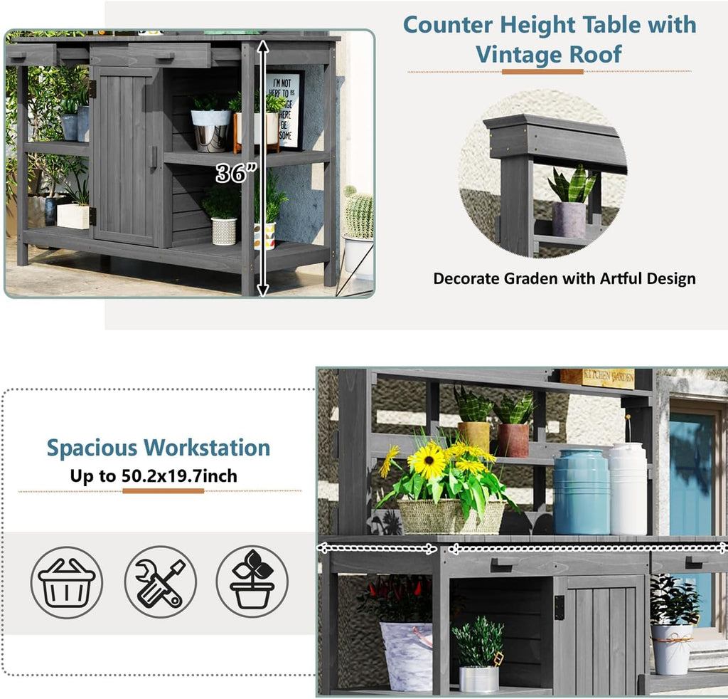 Outdoor Garden Potting Bench Table - 66' Large Wooden Potting Bench Table Garden Workstation with 2 Drawers, Cabinet and Open Shelves for Backyard, Mudroom, Gray