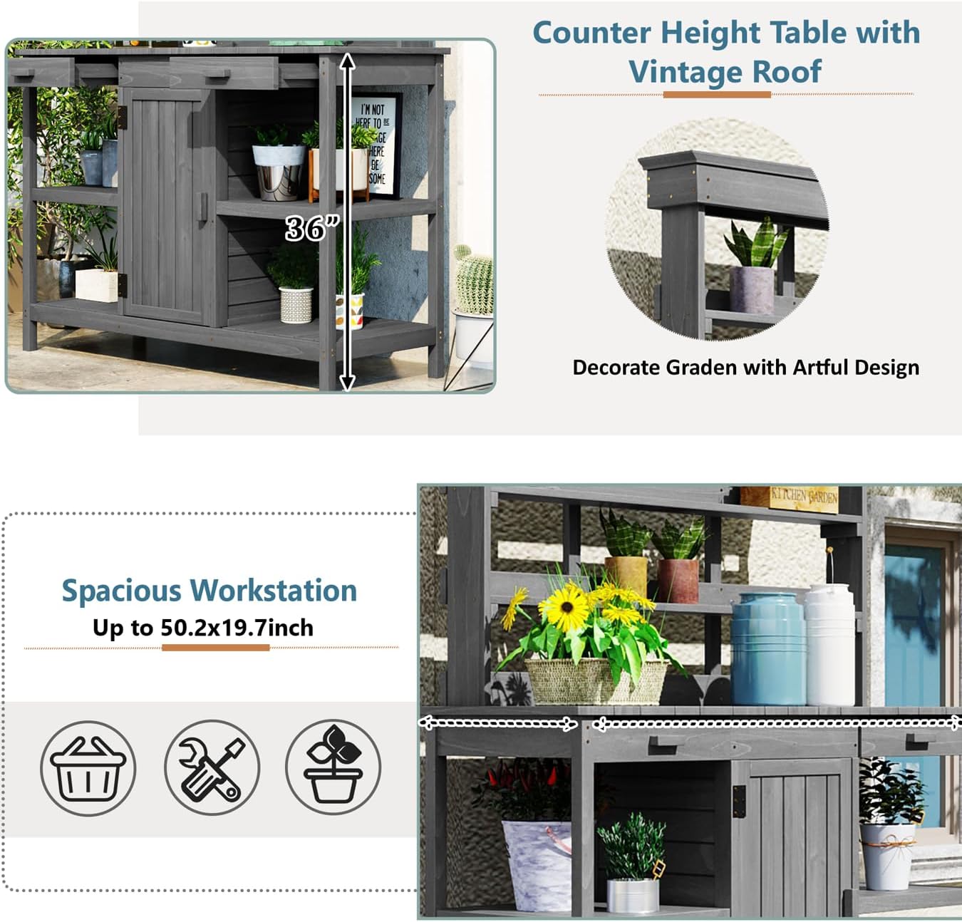 Outdoor Garden Potting Bench Table - 66' Large Wooden Potting Bench Table Garden Workstation with 2 Drawers, Cabinet and Open Shelves for Backyard, Mudroom, Gray