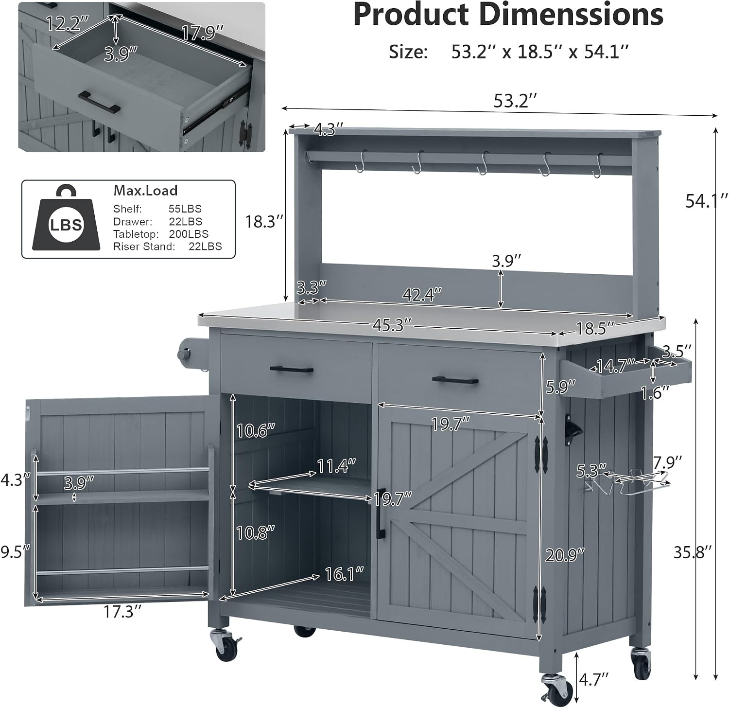 54.1' Outdoor Kitchen Island with High Shelf – Large Potting Bench Table Featuring Stainless Steel Top, Solid Wood Grill Cart, Lockable Wheels & Smart Storage for BBQ, Garden(Grey Blue)