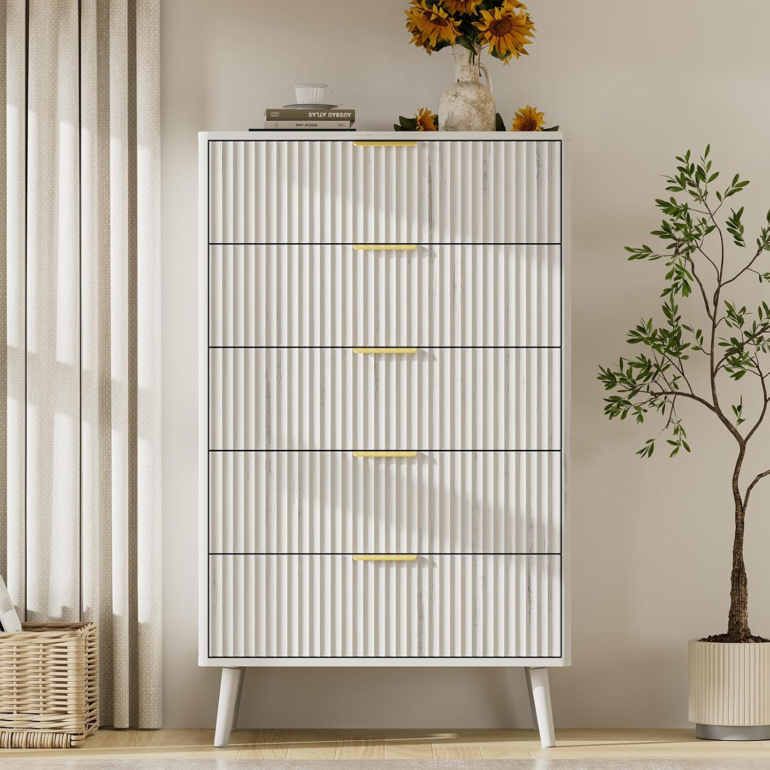 LYNSOM Fluted 5 Drawers Dresser, 45' Tall Modern Chest of Drawers with Curved Profile Design and Metal Handle, Wood Drawer Organizer for Bedroom, Living Room, Hallway, Entryway, White