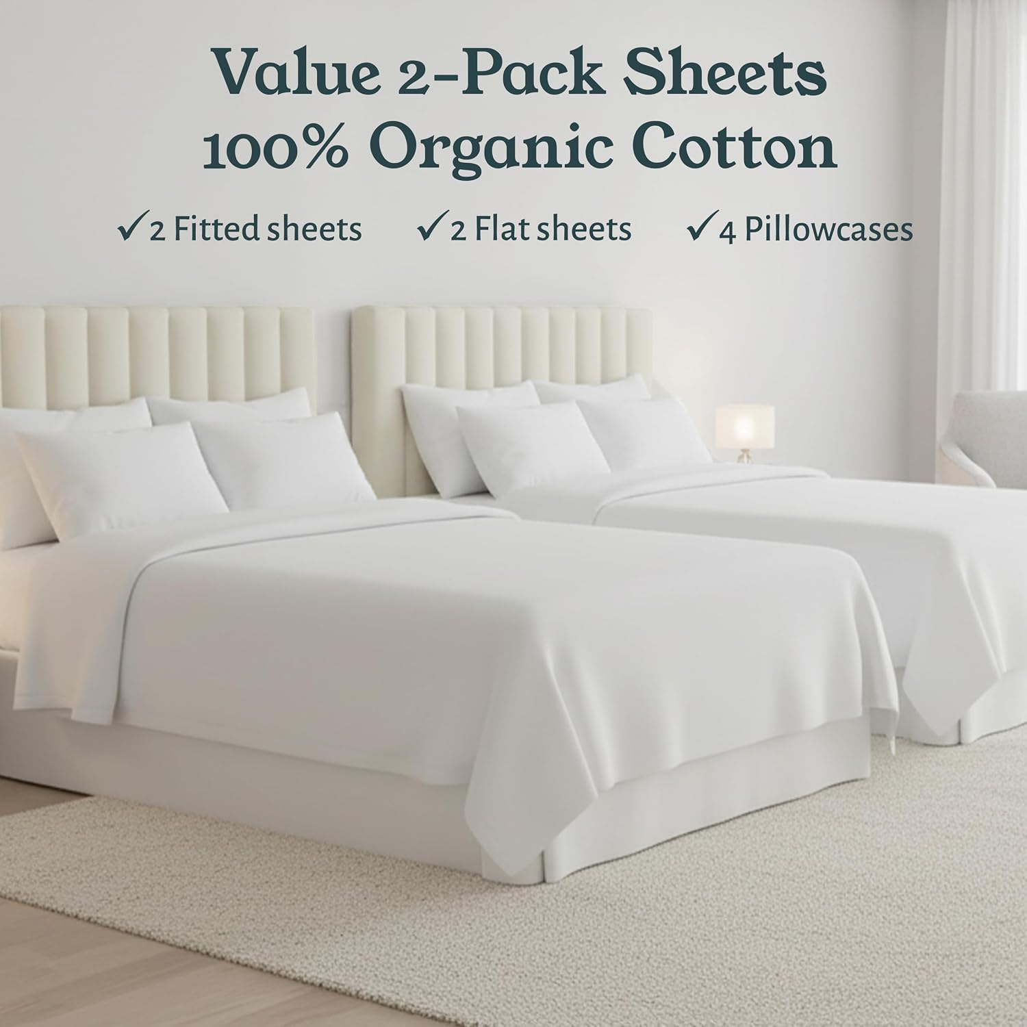California Design Den Pack of 2 Percale Sheets King Size Set - 100% Organic Cotton, Deep Pocket King Sheets Sets, Crisp, Breathable and Lightweight Bedding - White