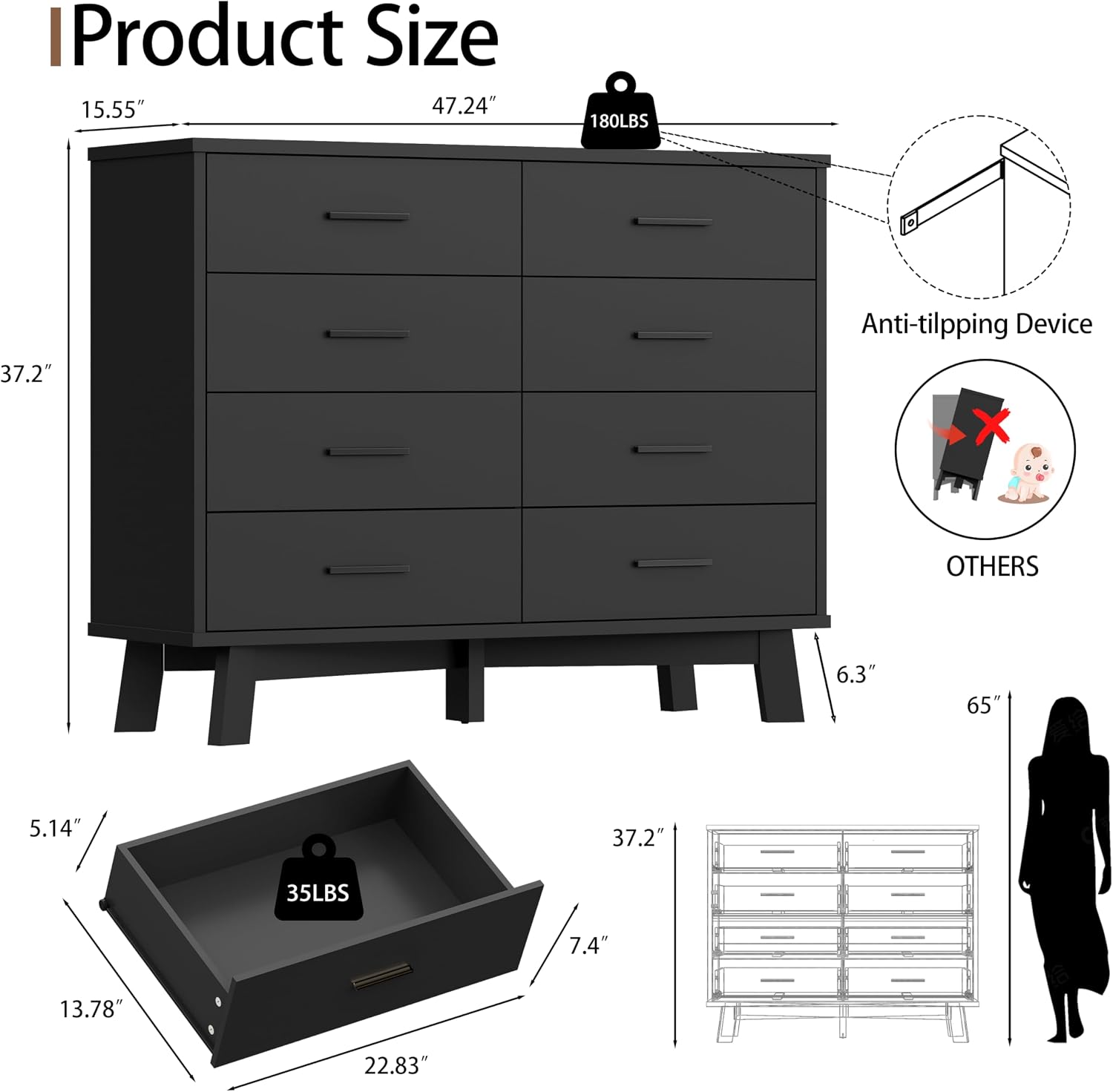 Xixini Dresser for Bedroom, 8 Drawer Wide Modern Chest of Drawers with X-Shaped Sturdy Base, Wood Double Dresser Closet Clothes Storage Organizer, Wooden TV Stand for Living Room, Hallway, Black