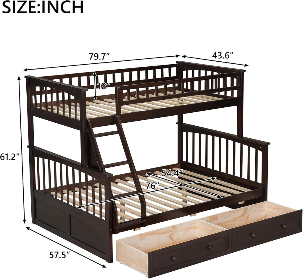 Harper & Bright Designs Convertible Wood Twin Over Full Bunk Bed with 2 Storage Drawers and Ladder - Can Be Divided Into Two Daybeds, Espresso