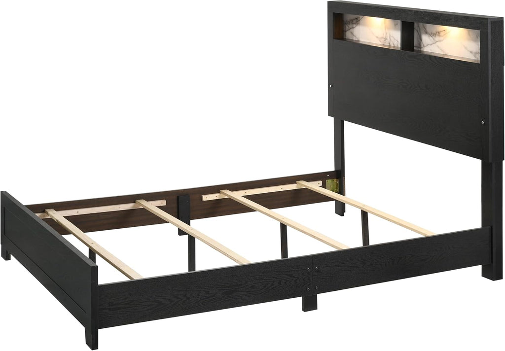 Modern 5Pc Black Finish King LED Light Headbaord Panel Bed Marble Look Accent Set Bedroom Solid Wood Wooden Furniture