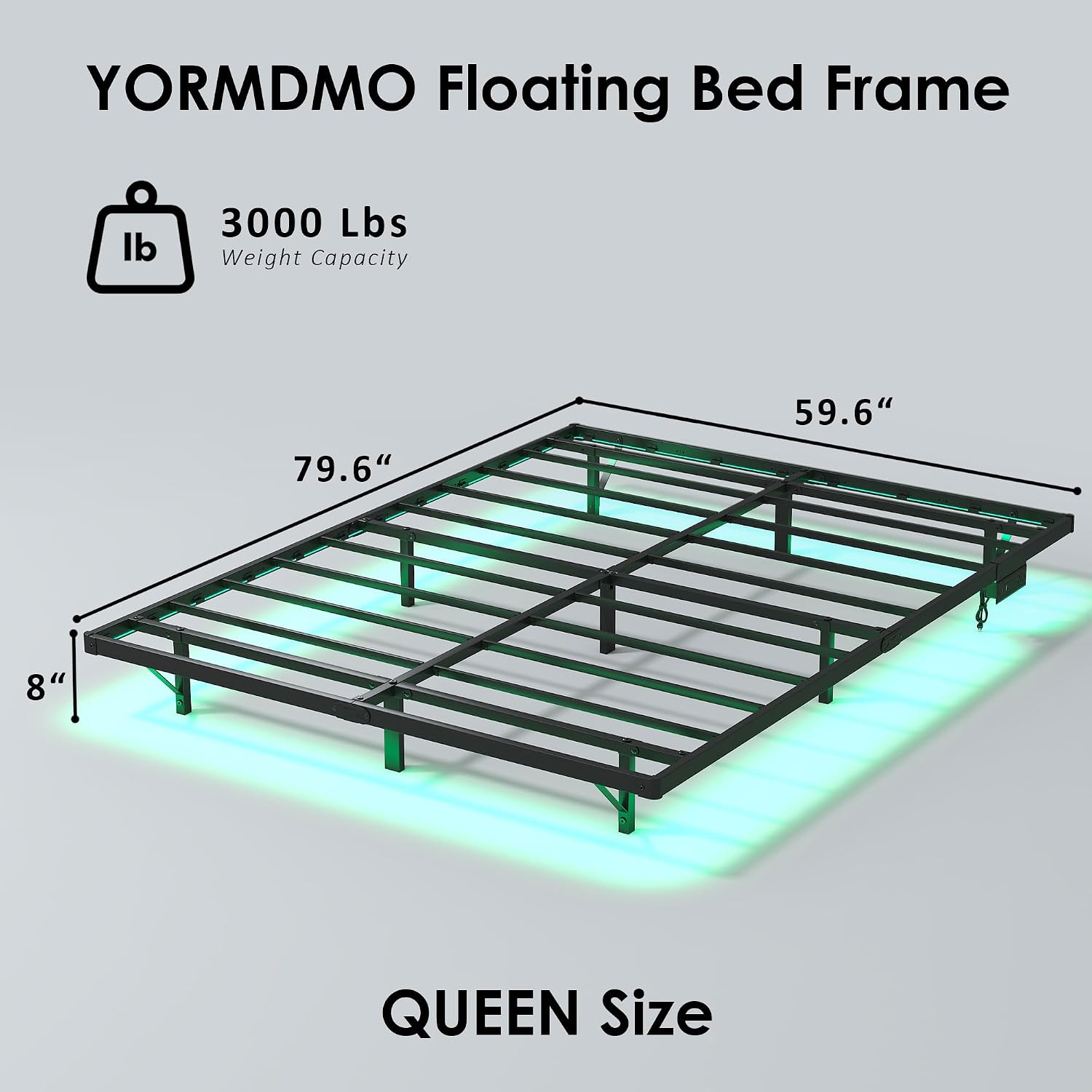 YORMDMO Floating Bed Frame Queen Size, Heavy Duty Bedframe with Smart LED Lights & Charging Station, Modern Metal Platform Bed, Easy Assembly No Box Spring Needed, 8 Inch