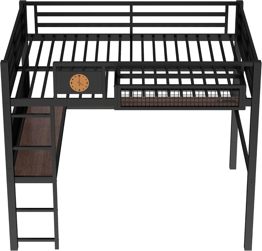 Bellemave Full Size Metal Loft Bed with Desk and Side Clock,Heavy Duty Loft Bed Frame with Charging Station and Pegboard for Kids,Teens,Adults,Full Size,Black