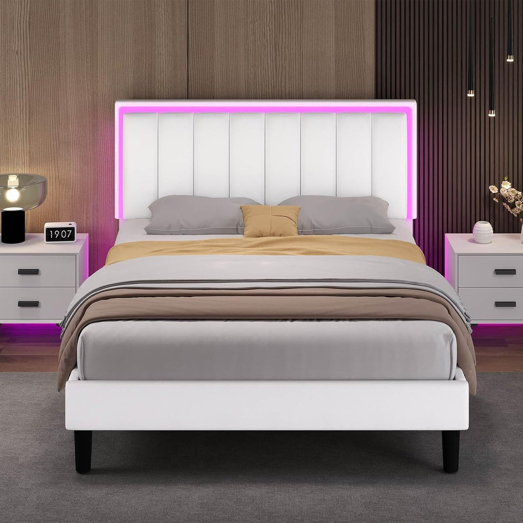 IMMERSTABLE Queen Bed Frame with RGB LED Lights, Upholstered Platform Bed Frame with Headboard, Wood Slat Support, No Box Spring Needed, Quiet Design, Easy Assembly, White