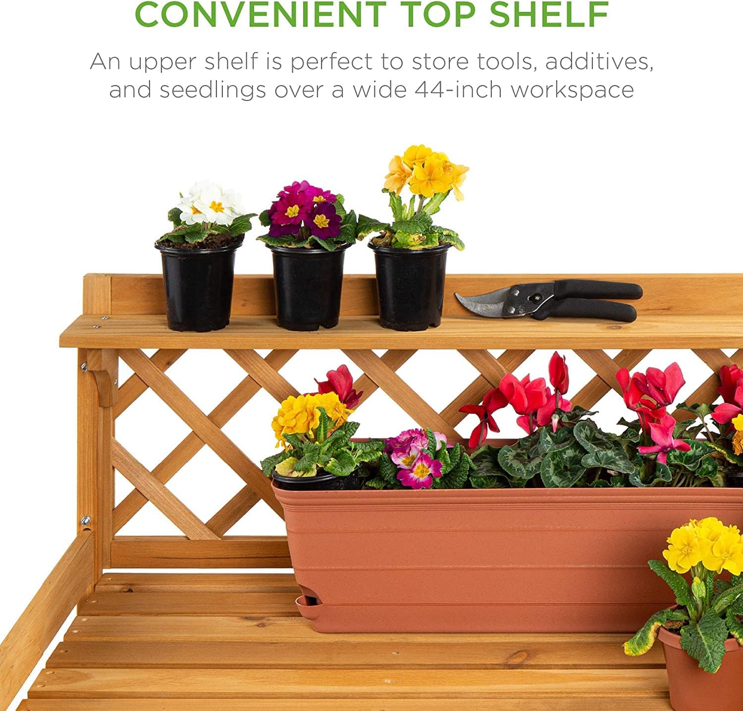 Outdoor Garden Potting Bench, Wooden Workstation Table w/Cabinet Drawer, Open Shelf, Lower Storage