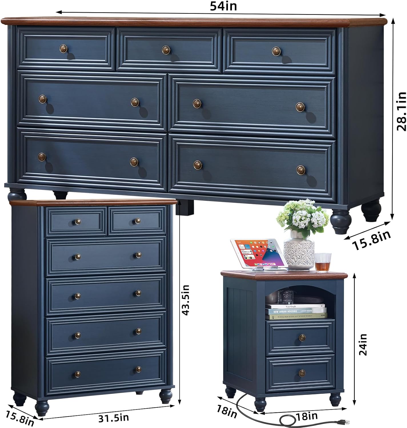 Farmhouse Dressers & Night Stand Set of 3, Wood 54' Wide Dresser & 43.5'Tall Chest of Drawers, 18' with Charging Station Nightstand, Bedroom Furniture 7 Drawer Dresser Set for Home Living Room Hallway