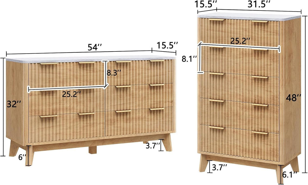 AMERLIFE 2 Piece Bedroom Set, Including Fluted 6 Drawers Dresser with Faux Marble Top, 48' Tall Modern 5 Chest of Drawers for Bedroom, Living Room, Hallway, Entryway, Natural Oak