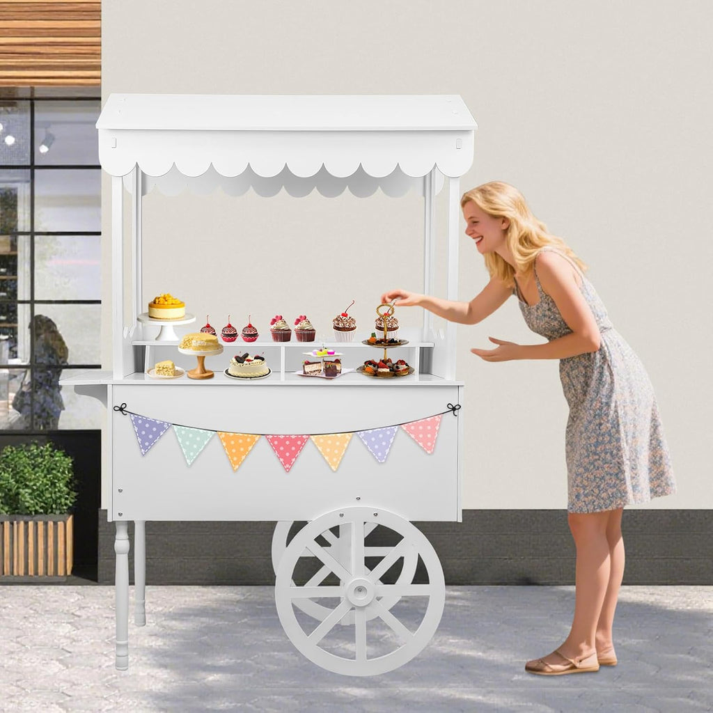 Large Country Market Wooden Rolling Table Cart, Antique Solid Wood Decor Display Rack Cart with Wheels, Rolling Table Carts for Display Various Flowers and Candy (White-1)