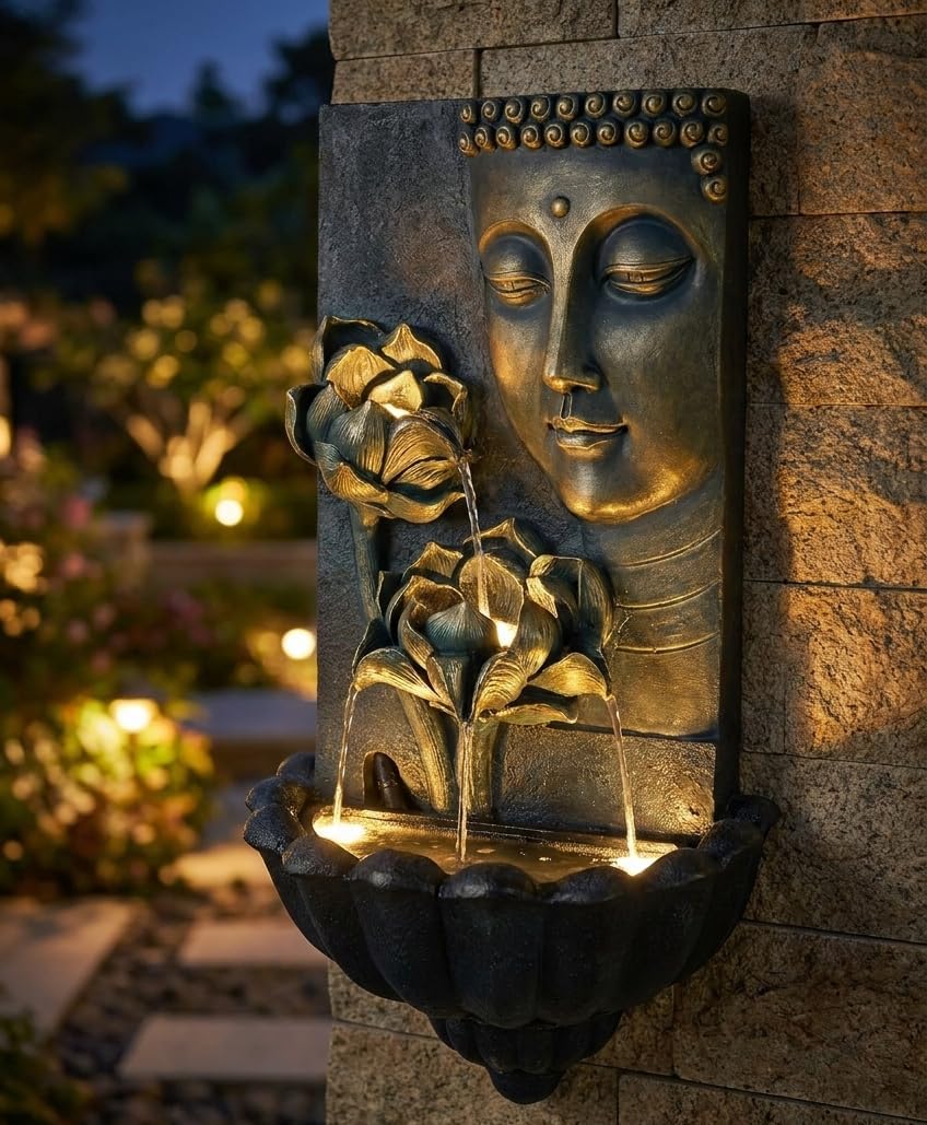 Cheng Pin Cascading Lotus Buddha Statue Zen Water Fountain with LED Lights & Pump Best for Wall Decor, Flowing Water Create Relaxing Atmosphere for Home, Patio,Garden, Backyard,32.3'' Tall