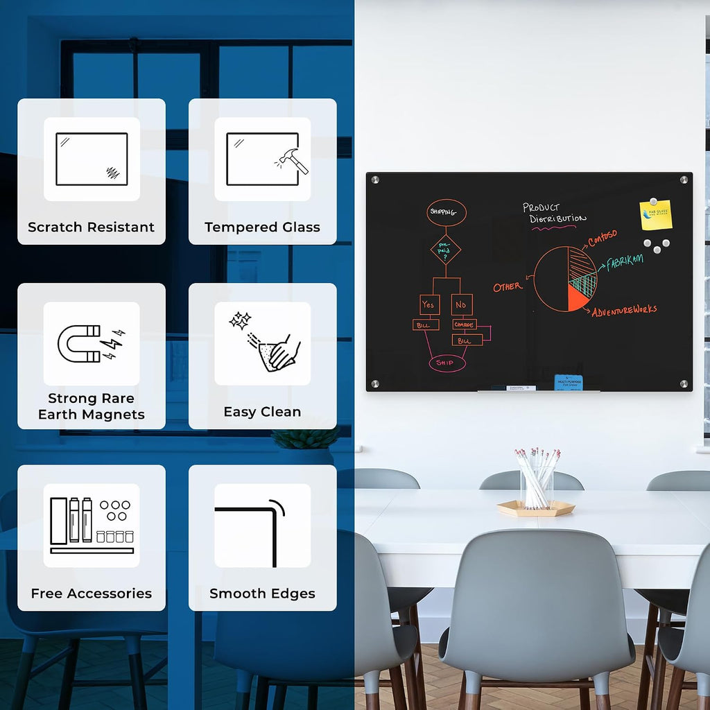 Fab Glass and Mirror Magnetic Glass Dry Erase Board - Frameless Floating Black Whiteboard - Wall Mounted with Marker, Eraser & Rare Earth Magnets - 60' W x 36' H