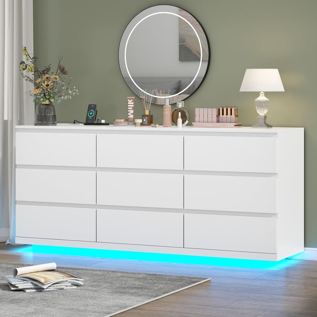 Gyfimoie 9 Drawer Dresser with Power Outlet and LED Lighting, Floating White Dresser Chest of Drawers, The Modern Organizer for Bedroom & Living Room (White)