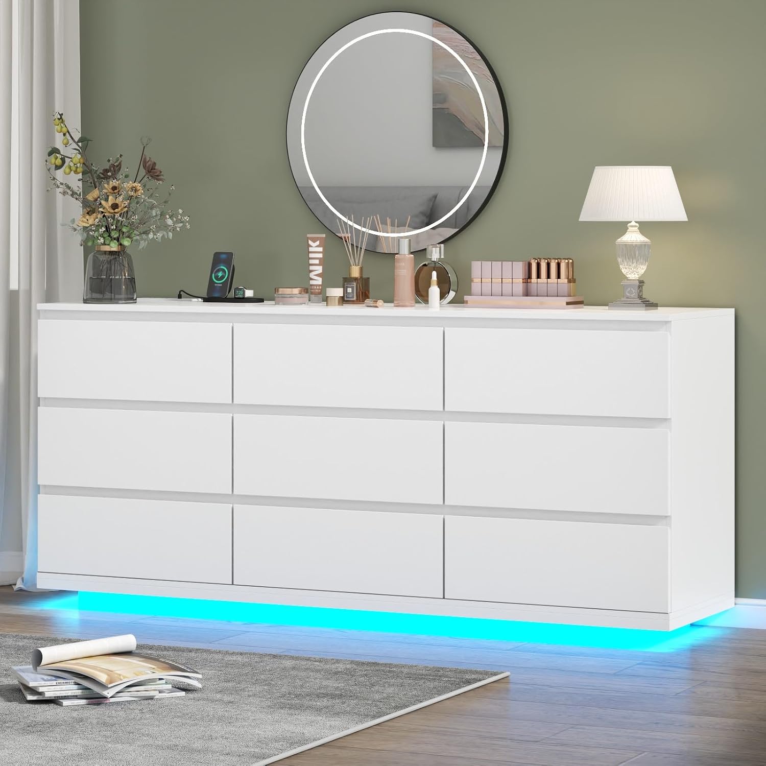 Gyfimoie 9 Drawer Dresser with Power Outlet and LED Lighting, Floating White Dresser Chest of Drawers, The Modern Organizer for Bedroom & Living Room (White)