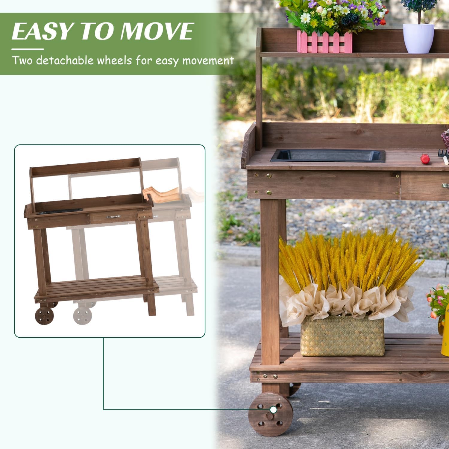 36' Wooden Potting Bench Work Table with 2 Removable Wheels, Sink, Drawer & Large Storage Spaces, Brown